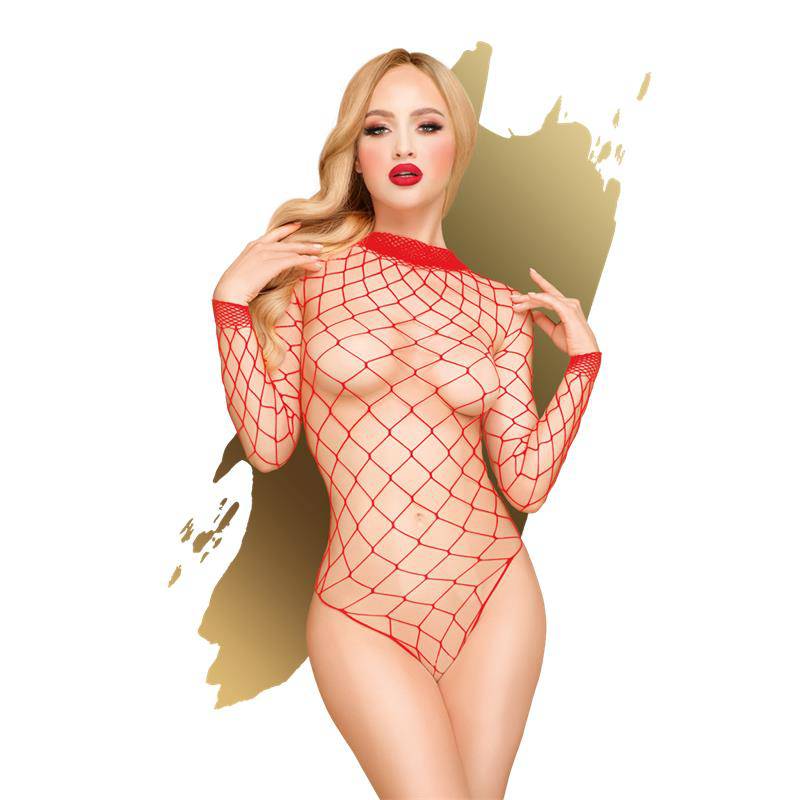 Red fishnet long-sleeve teddy with large diamond mesh and high-cut leg openings.