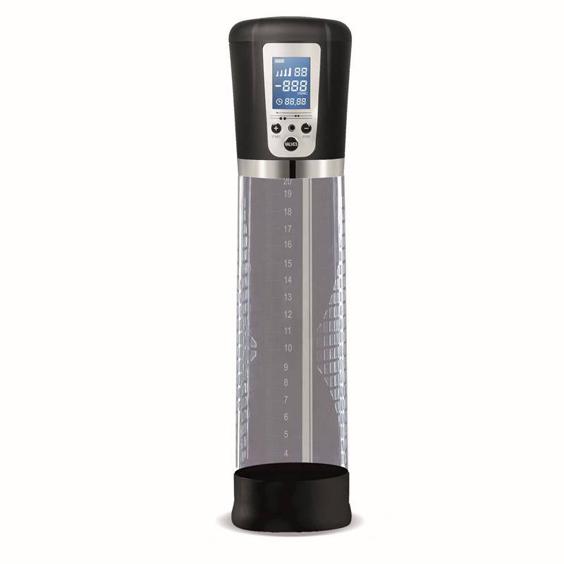 Transparent automatic pump cylinder with black top, digital LCD screen, and USB port.