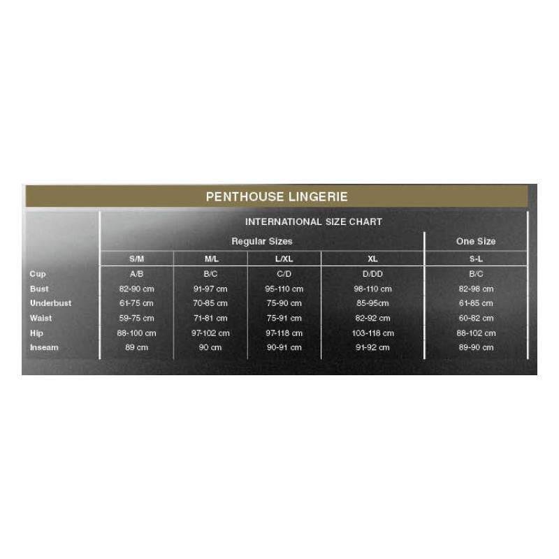 Black and gold Penthouse lingerie size chart with measurements for bust, waist, and hips across multiple sizes.
