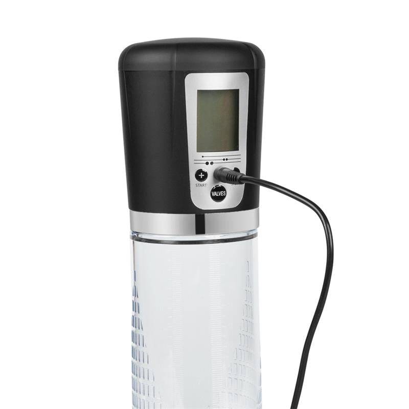 Automatic penis pump with black top, clear cylinder, LCD screen, and USB charging port.