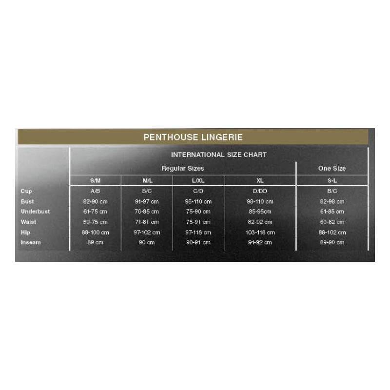 Penthouse lingerie international size chart with measurements for bust, waist, and hips in XL, S-L, and one size options.