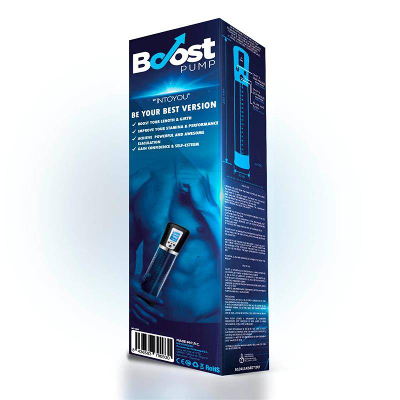 Blue and black Boost Pump packaging box with hand holding the automatic penis pump and LCD screen visible on the front.
