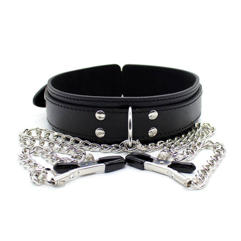 Black leather collar with silver O-ring, attached silver chains, and metal nipple clamps with black tips.