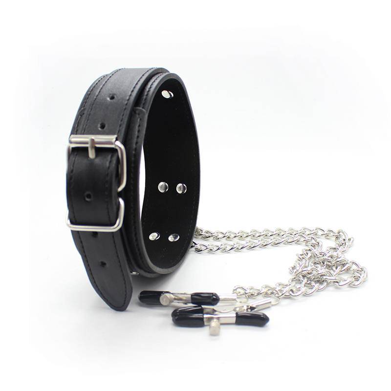 Black leather adjustable collar with silver buckle, metal chain, and nipple clamps with black tips.