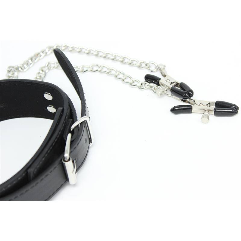 Black leather collar with silver buckle and attached metal chain with black-tipped nipple clamps.