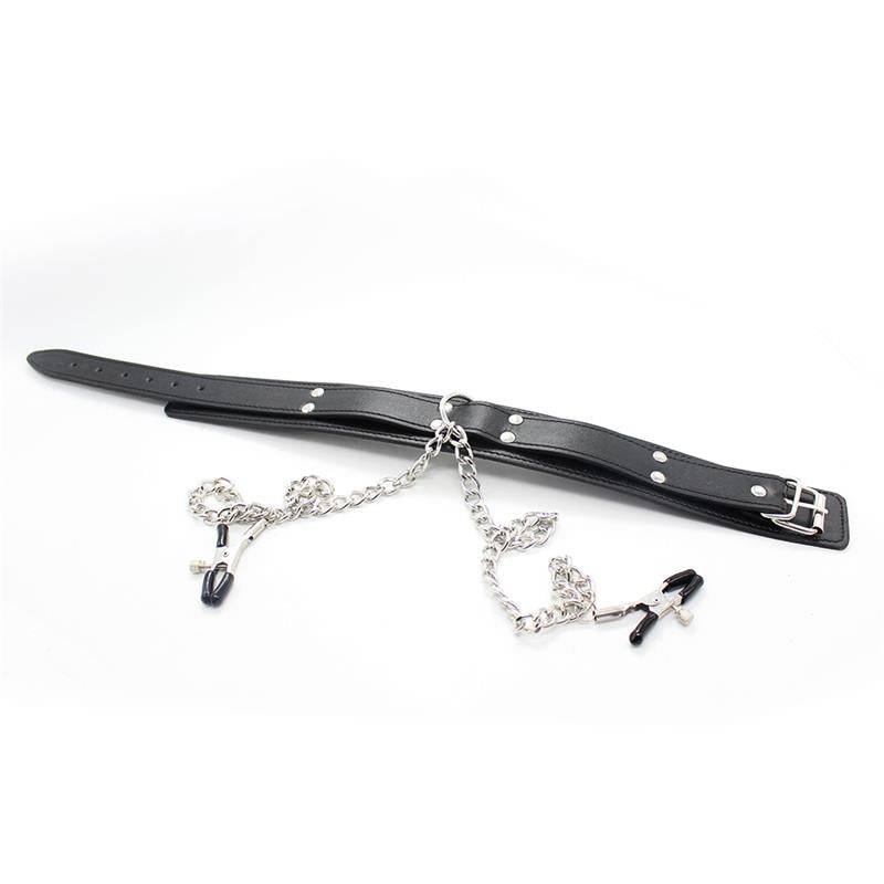 Black leather collar with adjustable buckle, connected to silver metal chain and nipple clamps.