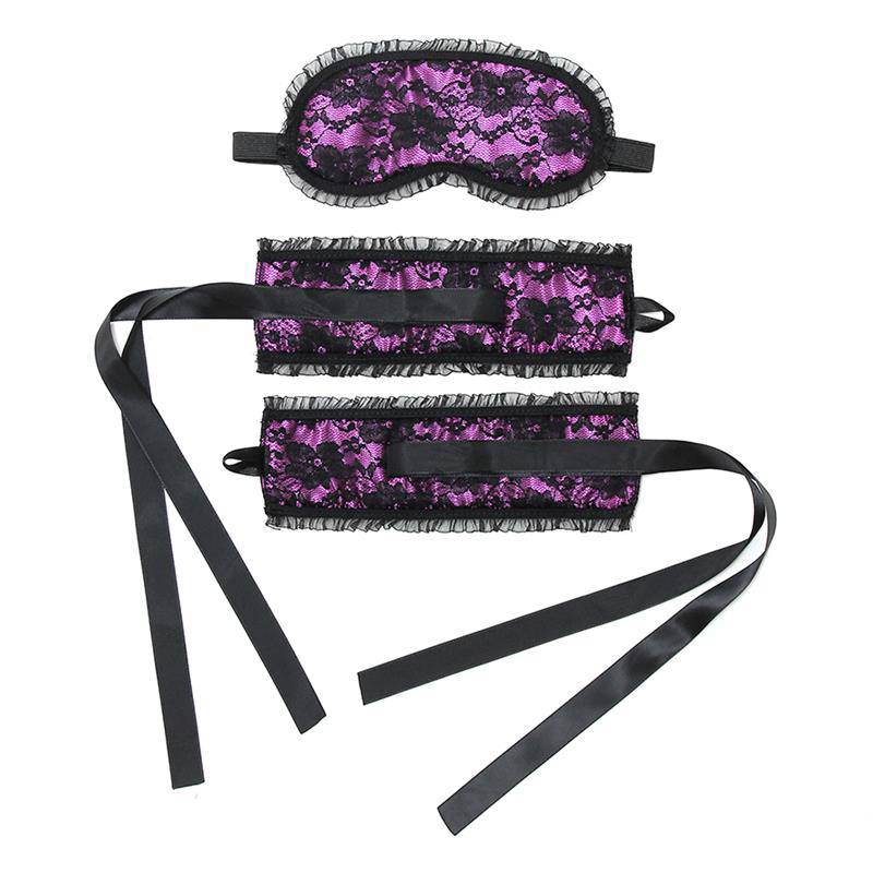 Bondage Satin Look Handcuffs with Mask Purple