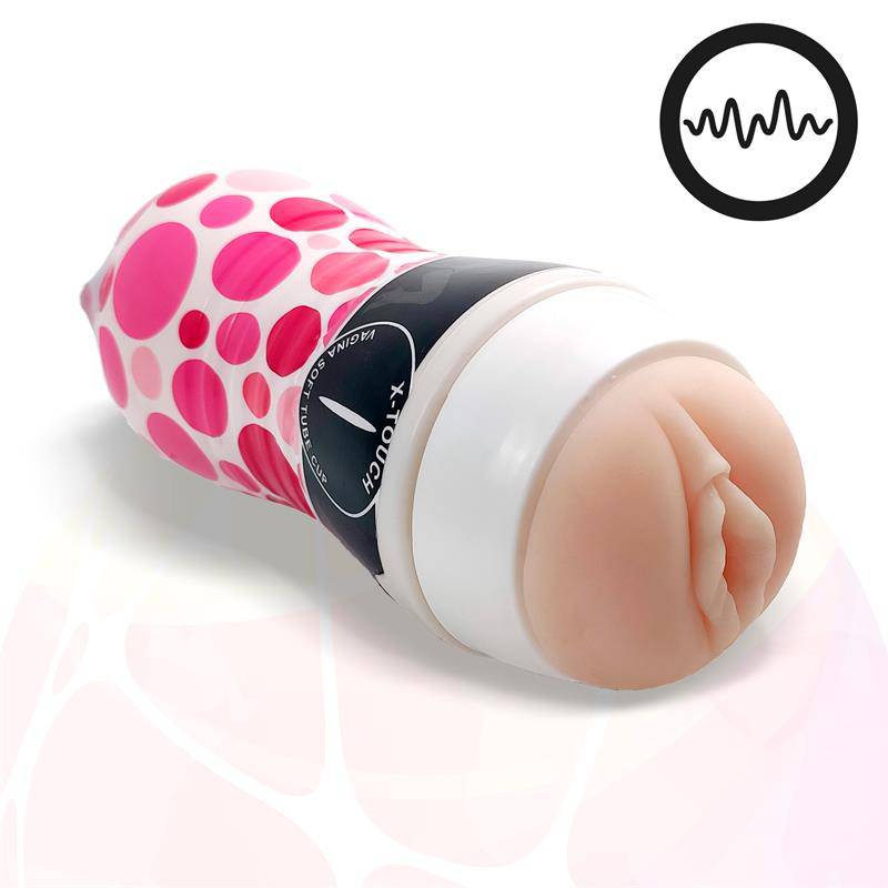 Compact pink and white vibrating male masturbator with a realistic vaginal opening and patterned sleeve.