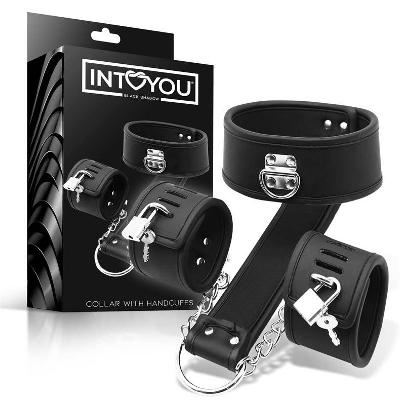Black vegan leather collar and handcuffs set with silver-tone metal hardware and chain, shown with INTOYOU BLACK SHADOW.