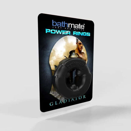Gladiator Power Ring by Bathmate in packaging, black silicone ring for enhanced performance and comfort.