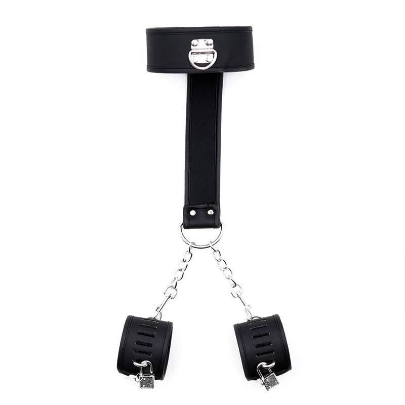 Black vegan leather collar with attached wrist handcuffs and silver metal hardware.