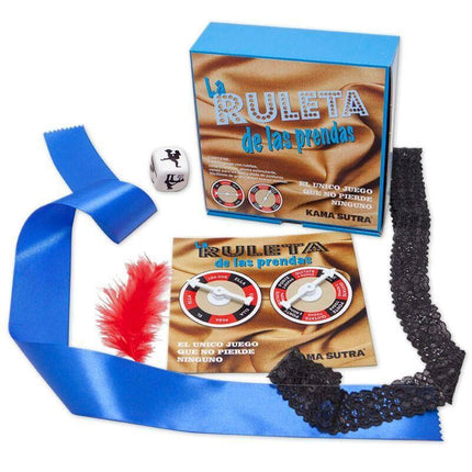 2 Garment Roulette Game kit with blue ribbon, black lace, red feather, and dice for an interactive adult party experience.