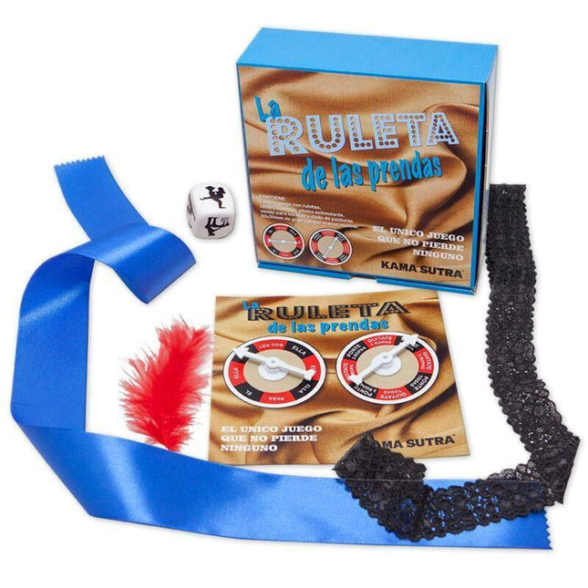2 Garment Roulette Game kit with blue ribbon, black lace, red feather, and dice for an interactive adult party experience.