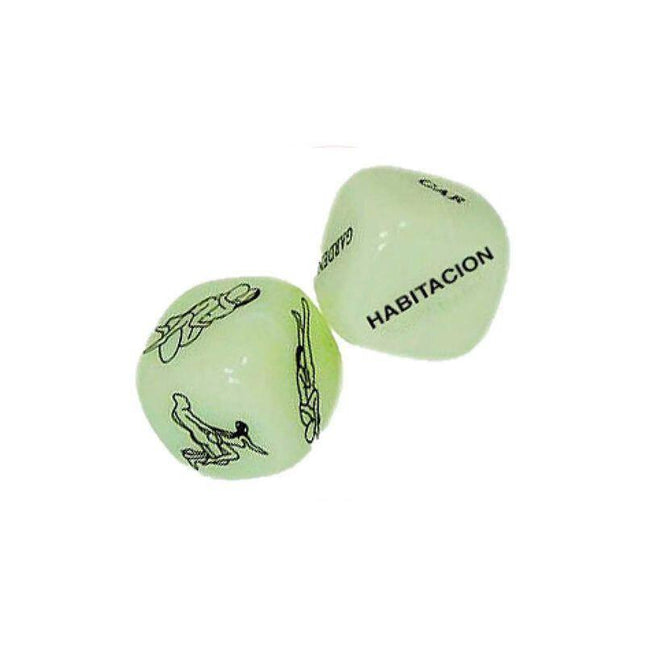 2 Glowing Dice: Position + Location for couples' romance, glow-in-the-dark with positions and locations, stored in a satin pouch