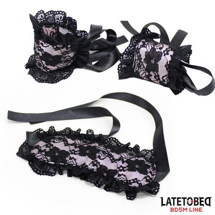 Latetobed 2 Piece Set Lace lindfold and Handcuffs, featuring elegant black lace mask and matching handcuffs for couples.