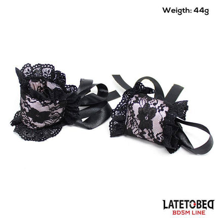 2 Piece Set Lace lindfold and Handcuffs in black lace and beige gauze for couples' discreet sensory play by Latetobed