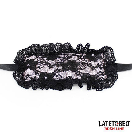 2 Piece Set Lace lindfold and Handcuffs featuring an elegant black lace mask with beige gauze for couples' discreet play.
