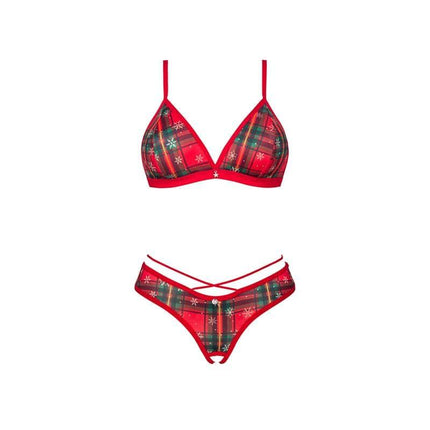 Festive Christmas 2 Pieces Set Ms Merrilo lingerie with red plaid design, open bra cups, and pompom back, ideal for intimate moments.