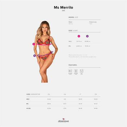 2 Pieces Set Ms Merrilo - Christmas lingerie with open bra and pompom panties, made of polyamide and elastane, shown with size chart.