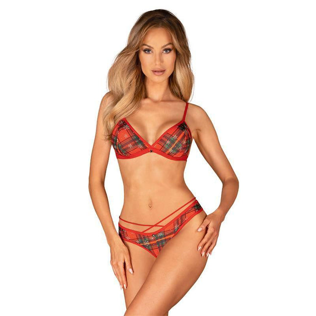 Model wearing 2 Pieces Set Ms Merrilo, a Christmas-inspired lingerie set with open cups and pompom back design.