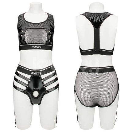 Front and back view of the 2 Pieces Set Rebellion Reign Iconic Harness, featuring modern design with premium elastic PU and mesh materials.