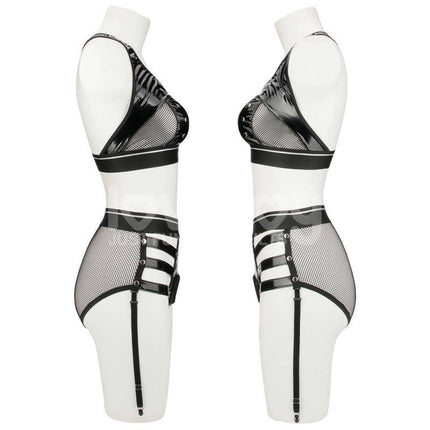 2 Pieces Set Rebellion Reign Iconic Harness featuring black PU and mesh with adjustable straps for a bold and adventurous look.