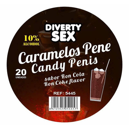 20 Penis-shaped candies Ron Cola Flavor with 10% alcohol for adult celebrations in a DIVERTY SEX jar.