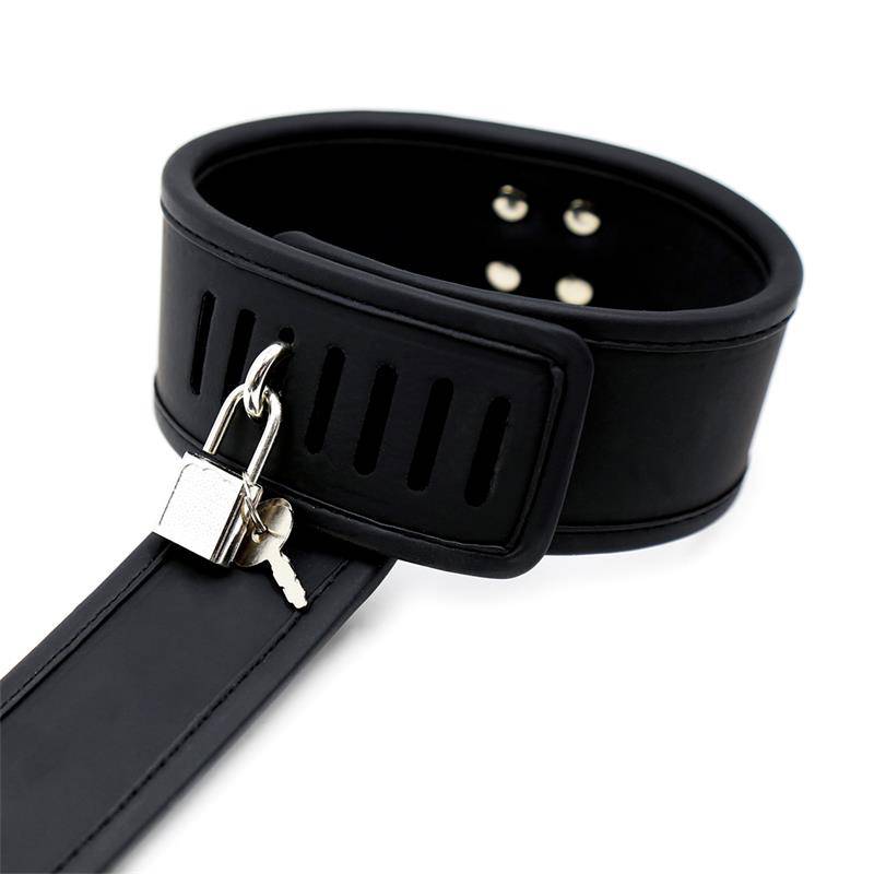 Black vegan leather collar with silver metal handcuff lock and adjustable strap.