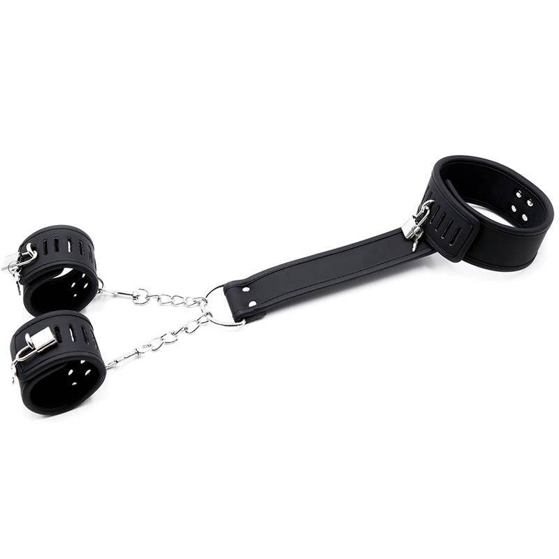 Black vegan leather collar with matching adjustable handcuffs connected by silver chain and hardware.