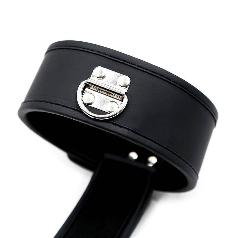 Black vegan leather collar with silver metal handcuff attachment and rivet details.