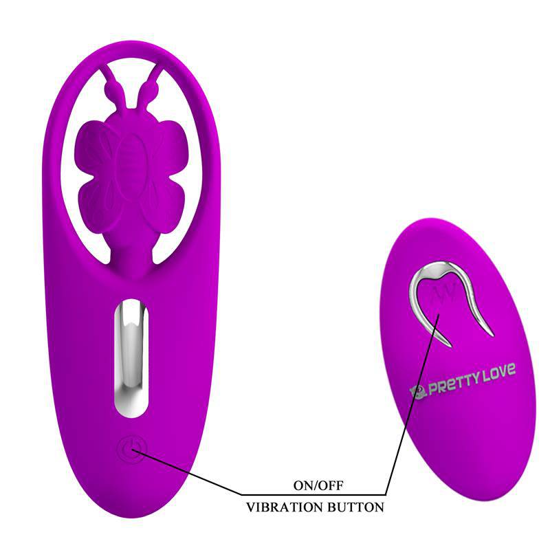Purple butterfly-shaped panty stimulator with matching remote control and silver vibration button.
