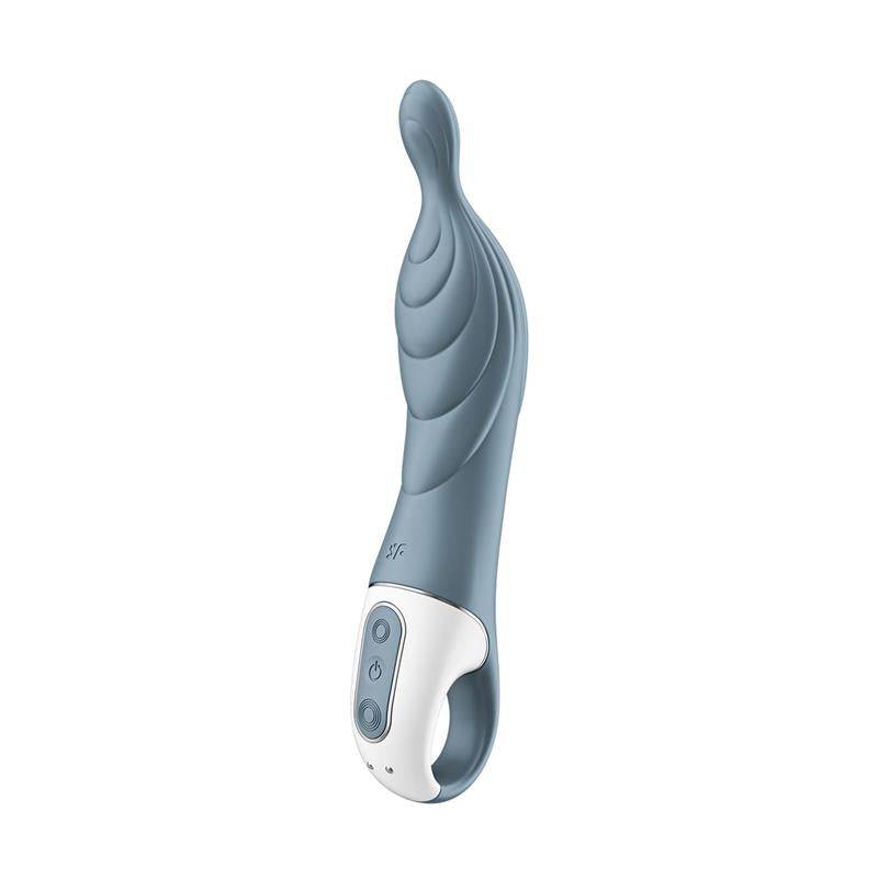 Grey curved silicone stimulator with textured ridges and white ergonomic handle with control buttons.