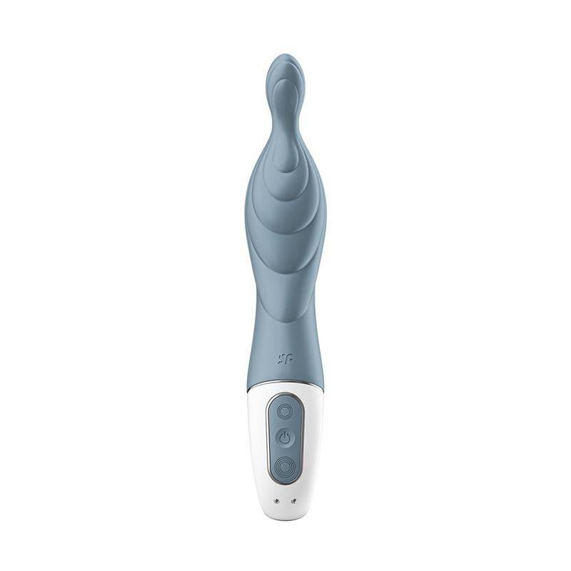 Grey ergonomic stimulator with curved tip and white base featuring two buttons.