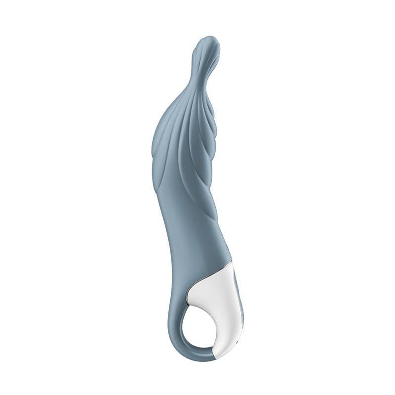 Grey silicone stimulator with ergonomic curves and a white handle loop.