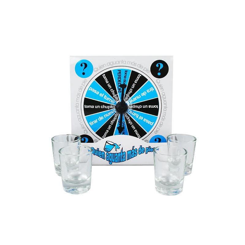 Party shot game with a spinning wheel and three clear glass shot glasses on a white background.