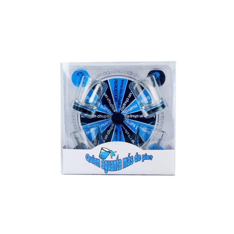 Shot game board set with two clear shot glasses and a blue and black spinner on a white background.