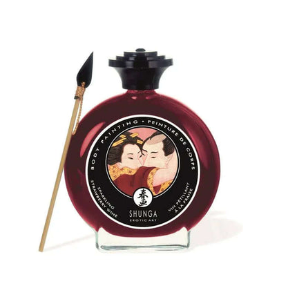 Shunga Kisable Body Paint Strawberry Wine Flavor bottle with applicator, inspired by Japanese erotic art.
