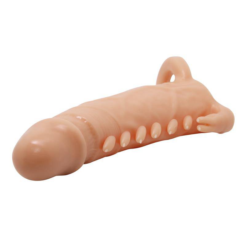 Flesh-toned silicone penis sleeve with textured nubs and double ring base for support.