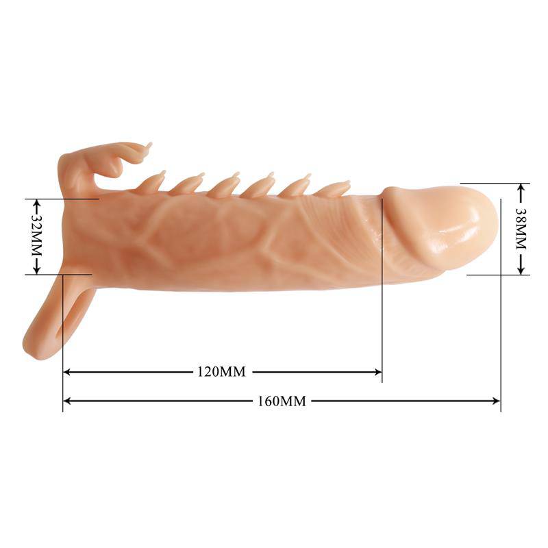 Flesh-toned textured penis sleeve with pronounced veins and raised nodules, 160mm length, 33mm diameter tip, and side.