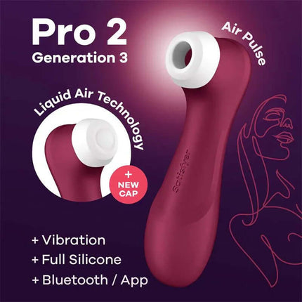 Pro 2 Gene 3 Liquid Air Technology Suction and Vibration App Connect Wine Red with silicone design and air pulse feature.