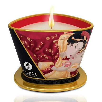 Shunga Candle Massage Romance Vine with Japanese art, transforms into silky massage gloss, enhancing intimate moments with warmth.