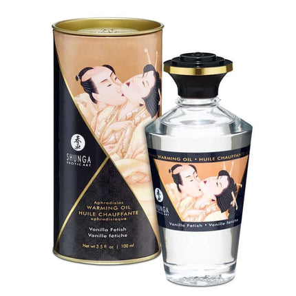 Shunga Warming Massage Oil Vanilla Aroma in a 100 ml bottle with sensual packaging inspired by Japanese art.