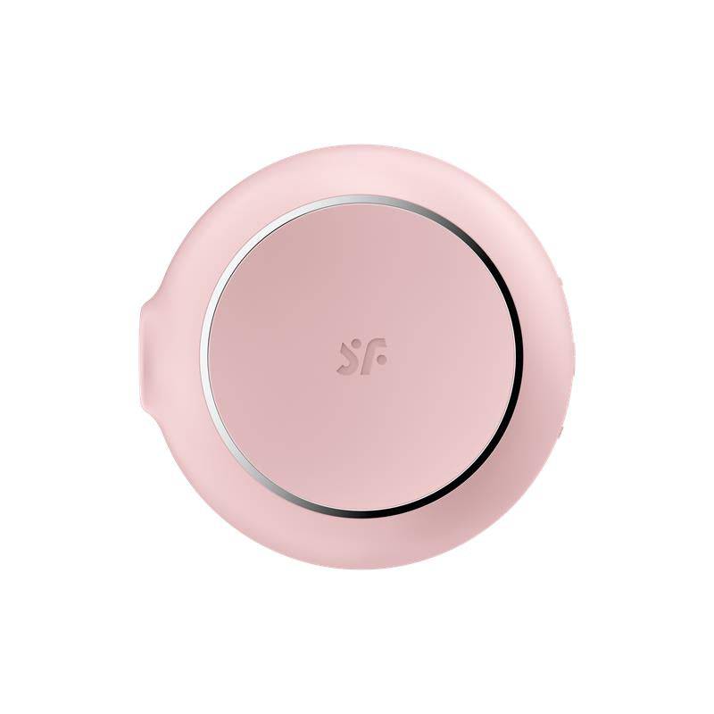 Compact round pink clitoral suction device with silver ring and subtle logo engraving.
