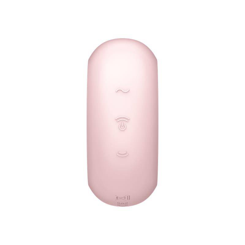 Compact rose pink clitoris sucker with three embossed control buttons on smooth surface.