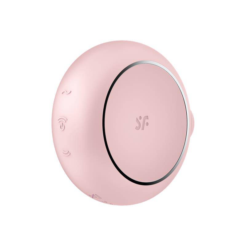 Compact pink clitoris suction device with subtle SF logo and side control buttons.