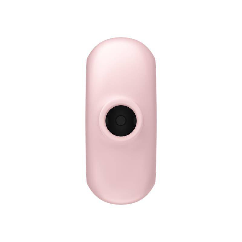 Compact pink clitoris sucker with central black nozzle and smooth rounded design.