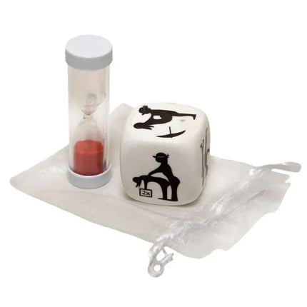 Posture Dice & Hourglass for Adventure set with dice, hourglass, and pouch for couples' playful exploration.