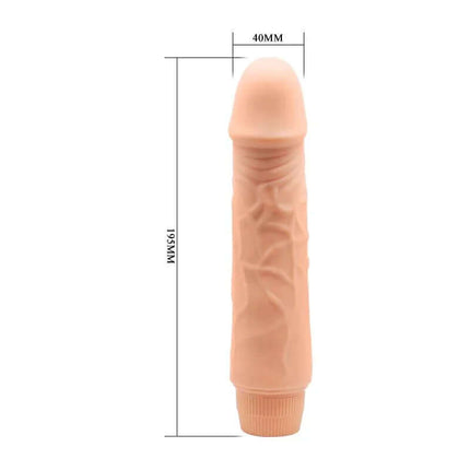 Vibe Flesh vibrator with contoured shape and vein details for enhanced stimulation shown with size dimensions.