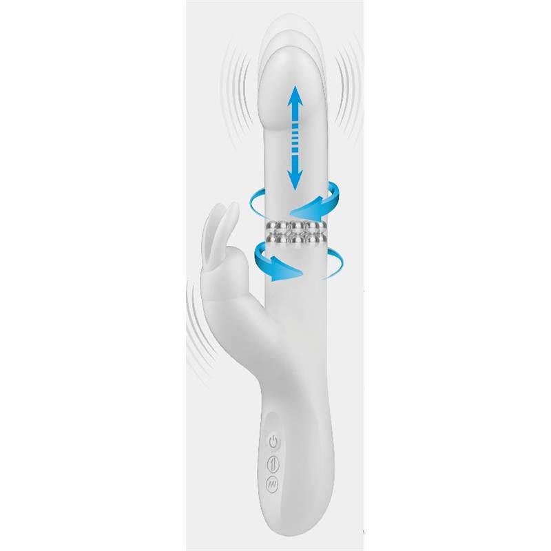 White dual-stimulation vibrator with rotating beads and curved clitoral arm, ergonomic handle with control buttons.