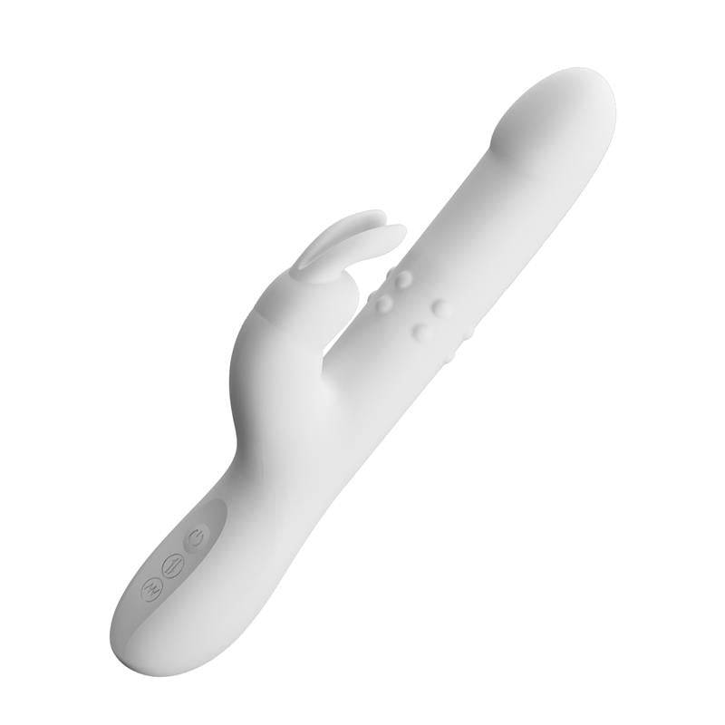 White silicone vibrator with curved tip, rotating beads, and small clitoral stimulator with textured dots.